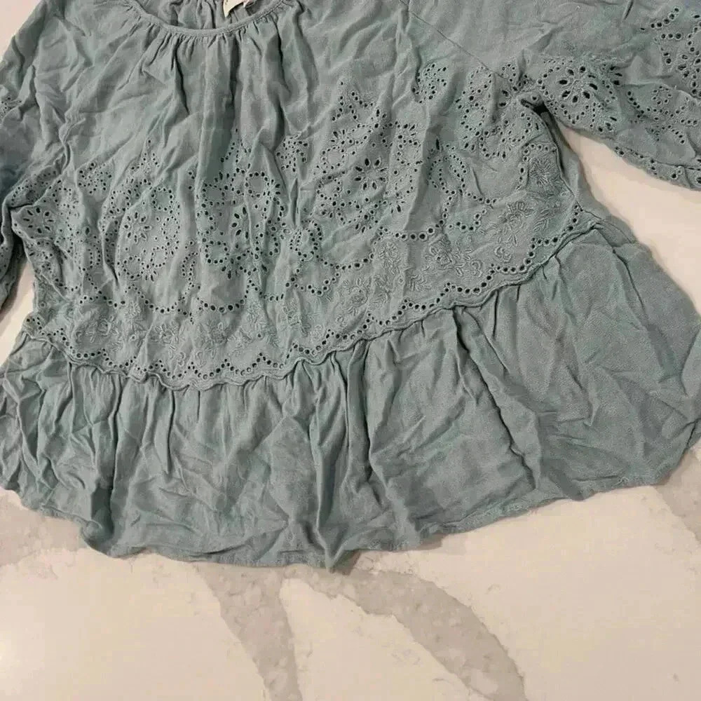 Penelope Rose Sage Green Floral Eyelet Blouse Womens 1X Smocked Neckline/Cuffs - Picture 2 of 6